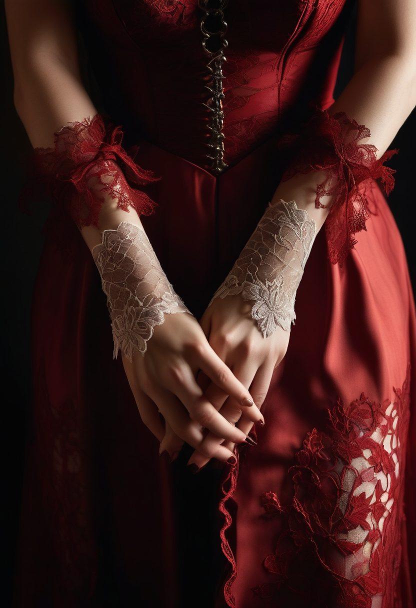 A close-up shot of intertwined hands, adorned with delicate lace and leather accessories, hinting at intimacy and exploration. The background fades into soft shadows, evoking a mood of mystery and allure, with the faint silhouette of a sensual figure in the distance. Rich deep reds and blacks dominate the color palette, creating a provocative atmosphere. Artfully styled with soft lighting for an ethereal glow. super-realistic. vibrant colors.