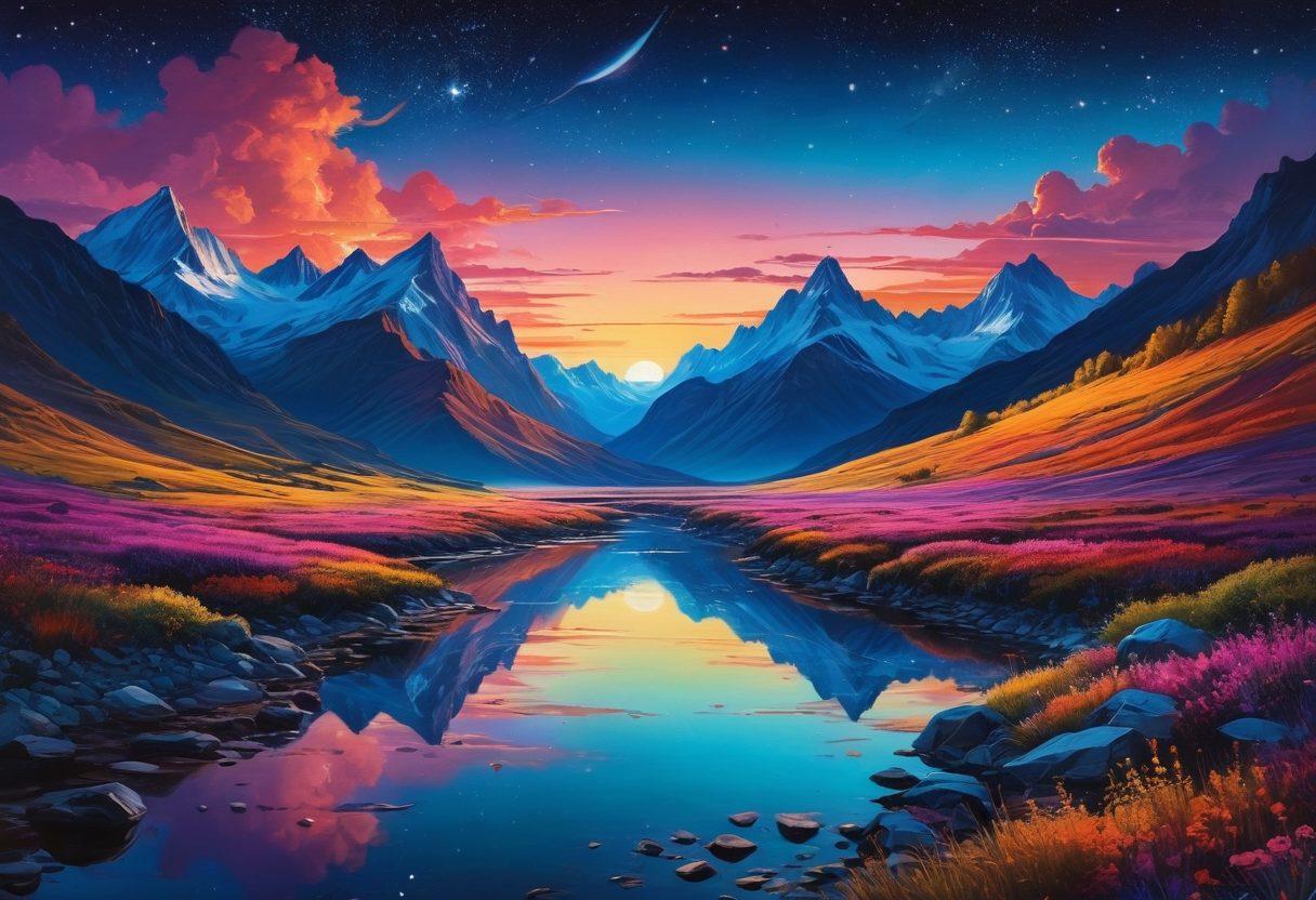 A dynamic landscape showcasing a bold frontier where abstract forms of adult imagery blend with natural elements like mountains and rivers, surrounded by a twilight sky filled with stars. The scene should evoke a sense of adventure and exploration, highlighting the contrast between the intricate details of adult themes and the serene beauty of nature. Incorporate vibrant colors and soft gradients to create a captivating atmosphere. 3D. vibrant colors. surreal.